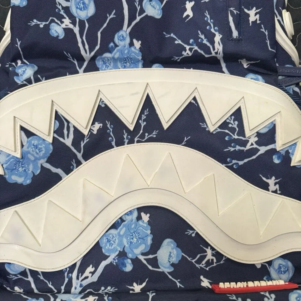 Sprayground Cherry Blossom Rubber Shark Backpack Navy Blue White Rare